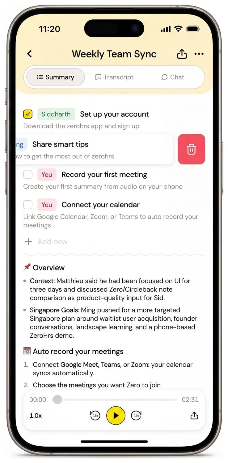 Zero meeting summary on iPhone
